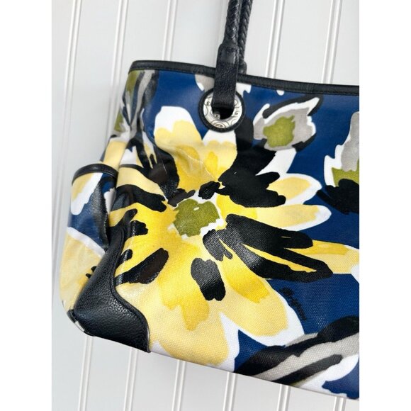 Brighton Coated Canvas Shoulder Bag Yellow & Blue Floral Blooms w/ Leather Trim - Picture 5 of 11